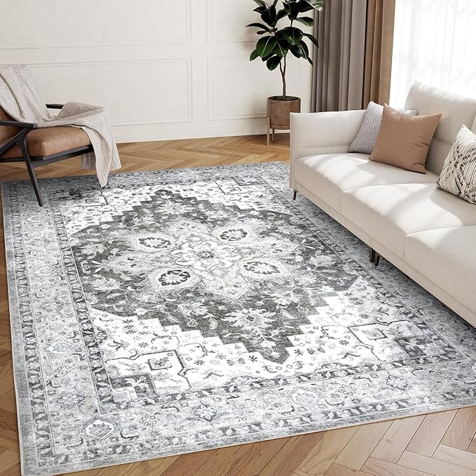 AMADA HOMEFURNISHING 5x7 Area Rugs, Washable Living Room Rug Low-Profile with Non-Slip Backing & Durable Edge Binding, Vintage 5x7 Rugs for Living Room, Bedroom, Dinning Room