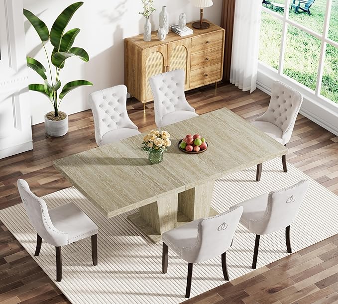 Goujxcy 7-Piece Extendable Dining Table Set for 6, 63-78 Inch Faux Travetine Kitchen Table Set with 6 Beige Upholstered Chairs Modern Wood Expandable Dining Room Table Set for Kitchen Apartment