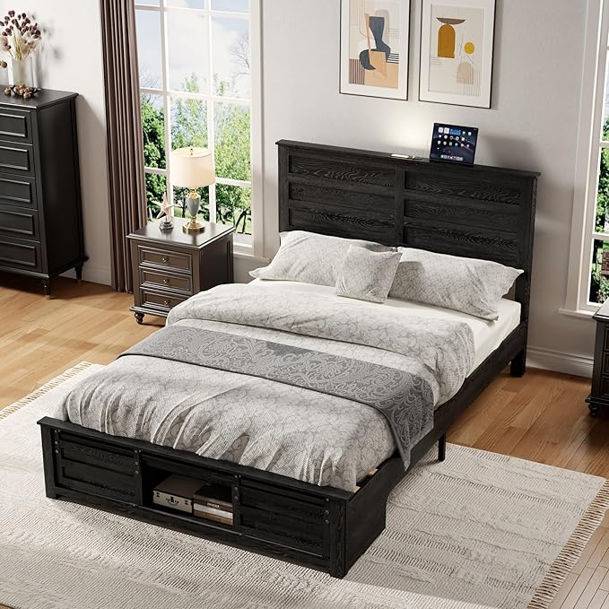 Wooden Bed Frame Full Size with Headboard & Sliding Barn Door Storage Footboard, Farmhouse Platform Bedframe with Charging Station, No Box Spring Needed, Black