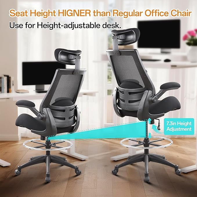 BOLISS 400lbs High Back Wide Comfortable Office Drafting Chair with Flip up Armrests Lumbar Support Adjustable Big Footrest Ring(Black)