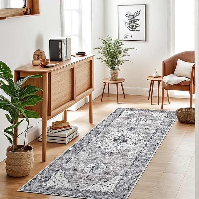 Runner Rugs for Hallway 2x6 Ft Non-Slip Fall Runner Rugs with Rubber Backing Washable Rug Runner for Kitchen Bedroom Vintage Distressed Carpet (Border Grey)