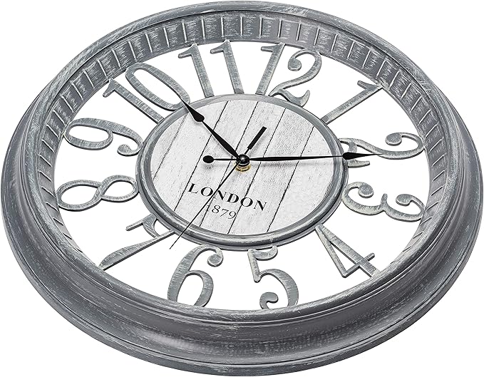 Bernhard Products Large Wall Clock 16 Inch Gray Noiseless Battery Operated Quality Quartz Rustic Farmhouse Shabby Chic Vintage Design for Kitchen/Living Room/Bedroom/Decorative Stylish Clocks
