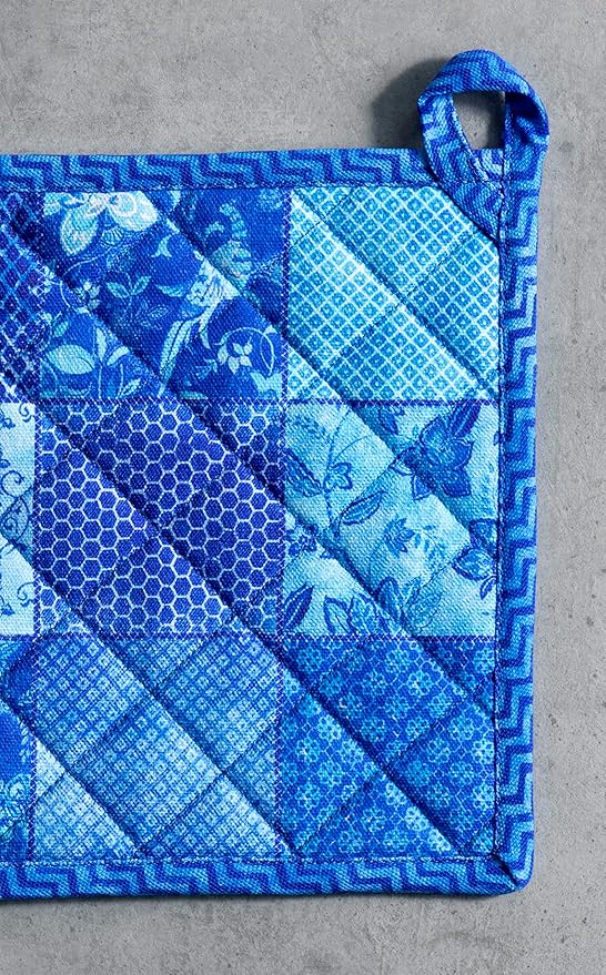 Maison d' Hermine 100% Cotton Oven Mitt & Pot Holder Set (7.5"x13" & 8"x8") Heat Resistant BBQ Cooking Gloves with Loop, Baking, Grilling, Kitchen, Handling Hot Pans Spring/Summer (Indigo Love)