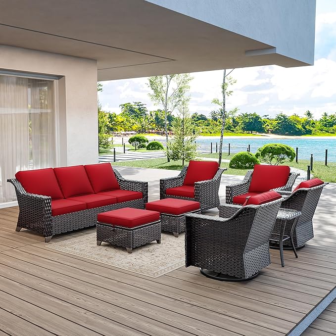 8 Pieces Wicker Patio Furniture, Luxury Outdoor Furniture with 2 Patio Swivel Chair, 2 Patio Chair, 3-Seater Sofa, 2 Patio Ottoman and 1 Side Table, Wide Armrest, Thickened Cushions