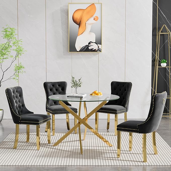 Goujxcy Small Round Dining Table Set for 4, Modern Glass Kitchen Table Chairs Set of 4, 5-Piece Dining Table Set w/36 Circle Gold Glass Dining Room Table and 4 Black Upholstered Dining Chairs