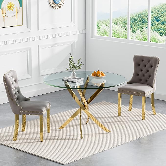 Goujxcy 3 Piece Round Glass Dining Table Set for 2, 36" Round Dining Table & Chair Set Modern Circle Glass Kitchen Table and 2 Velvet Upholstered Chairs for Kitchen Dining (Gold Table & Grey Chair)