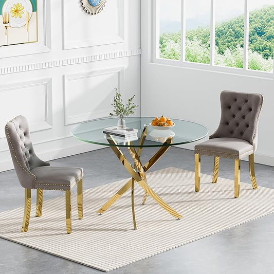 Goujxcy 3 Piece Round Glass Dining Table Set for 2, 36" Round Dining Table & Chair Set Modern Circle Glass Kitchen Table and 2 Velvet Upholstered Chairs for Kitchen Dining (Gold Table & Grey Chair)