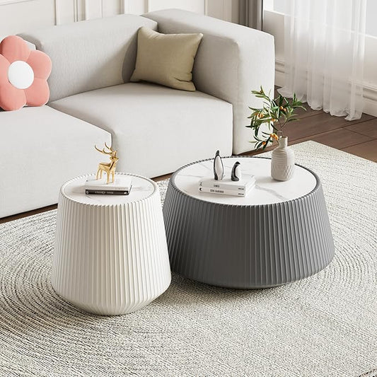 Round Coffee Table Set with Sintered Stone Tabletop, 26.77" Grey Drum Center Table and 19.68" White Coffee Table Set, 2 Pieces Living Room Table Set with Fluted PU Leather Cover& Stable Base