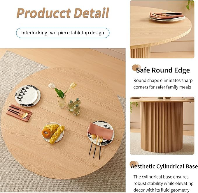 47" Round Dining Table for 4, Modern Farmhouse Wood Veneer Top with MDF Striped Base, Kitchen & Dining Room Tables - Oak Color