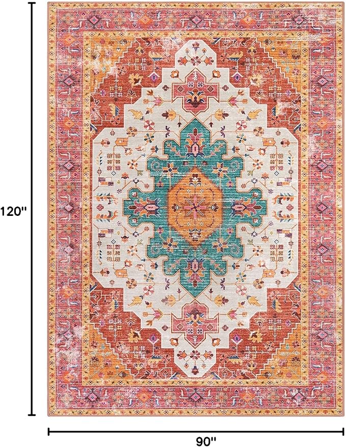 Moynesa Ultra-Thin Pink Area Rug - 8x10 Bedroom Living Room Rug Non-Slip Non-Shedding Nursery Mat, Indoor Oriental Medallion Floor Carpet for Dining Room Entryway Playroom