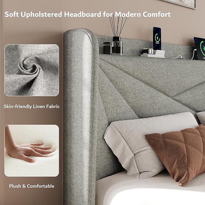 iPormis Queen Size Bed Frame with Charging Station, Linen Platform Bed Frame with Wingback Headboard Upholstered Bedframe, Solid Wood Slats Support, No Box Spring Needed, Easy Assembly, Light Grey