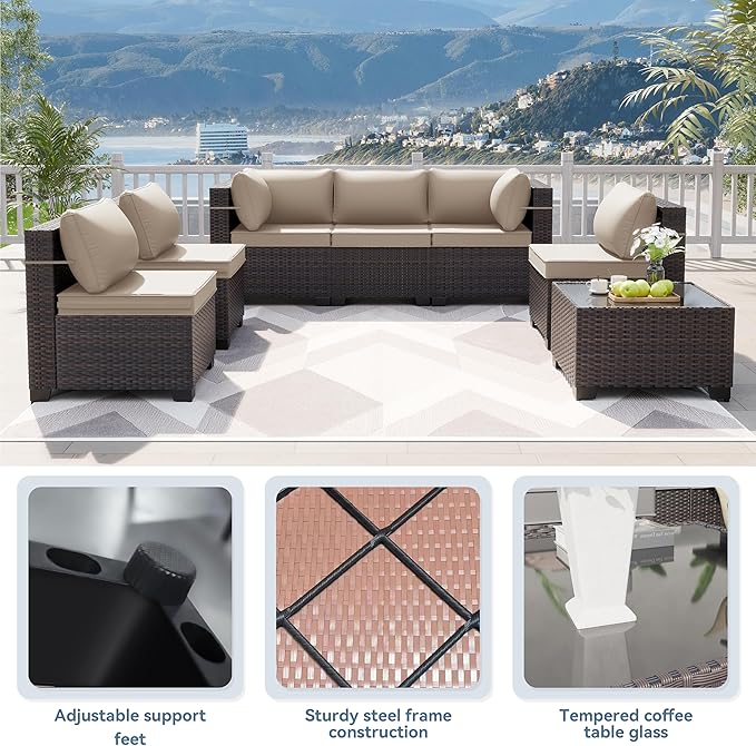Kurapika 10 Pieces Patio Furniture Set, Rattan Wicker Sofa Set, Outdoor Conversation Sets w/Swivel Rocking Chairs Patio Sectional Sofa w/4 Inch Cushion, Sand
