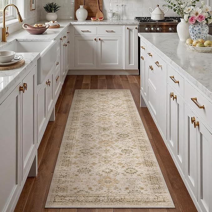 Beige 2x6 Runner Rug Hallway Non Slip Kitchen Vintage Distressed Long Carpet Indoor Machine Washable Traditional Floral Bedroom Accent Throw Rug for Office Laundry Bathroom Dining Living Room