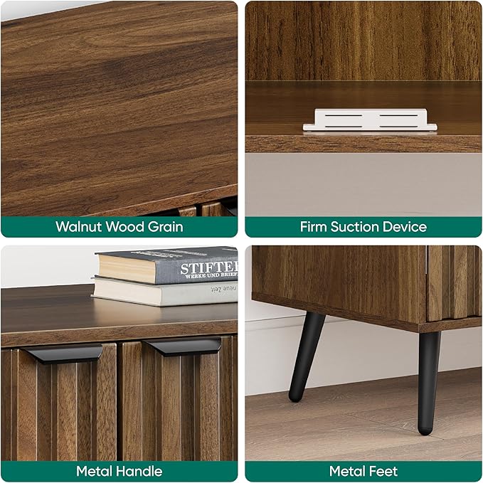 Smuxee Fluted Sideboard Cabinet, Freestanding Walnut Buffet Cabinet with Adjustable Shelf, Wood Storage Cabinet for Living Room, Entryway, Hallway