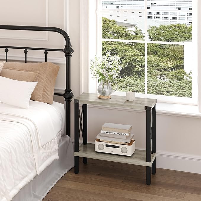 Narrow End Table, Large Sofa Side Table, Farmhouse Nightstand with Storage Shelve, Slim Bedside Table for Living, Room Bedroom, Lounge Oak MLBZ17Z