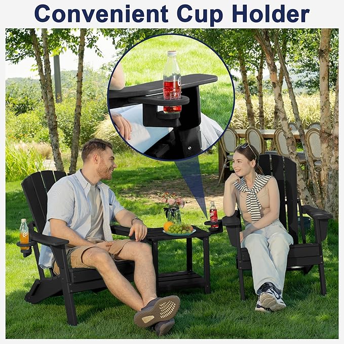 Plawdlik Folding Adirondack Chair, Cup Holder, SGS Tested, Wooden Textured，Heavy All-Weather HDPE Comfortable Set Poolside Backyard Lawn Black Set 2