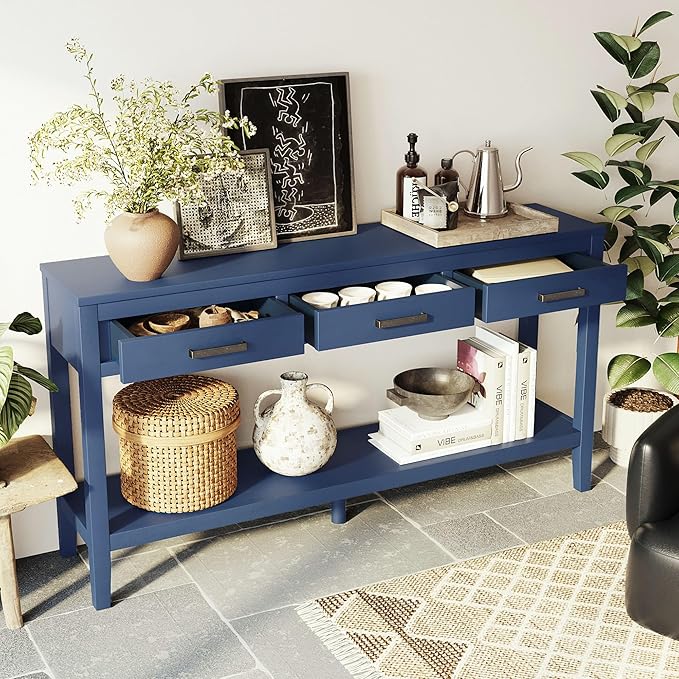 59" Blue Console Table, Long Entryway Table with Storage, 3 Drawers Wood Console Table for Hallway Living Room, MDF Entryway Table Sofa Table Behind Couch, Modern Entry Table with Drawers
