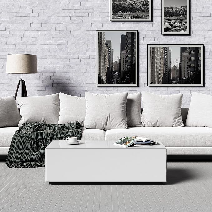 SONOROUS Premium Tempered Glass Coffee Table - Modern White Rectangular Coffee Tables for Living Room - High Gloss Fingerprint Resistant Mid Century Design - Stylish Living Room Furniture & Décor