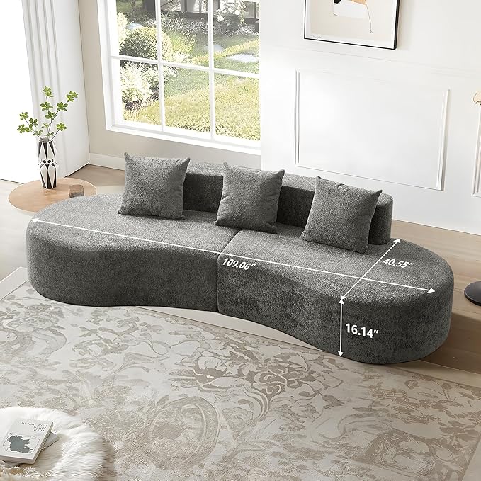 109'' Curved Couch, Mid Century Modern Half Moon Sofa, Luxury 3-Seat Couch with High-Density Foam Filled, Raindrop Velvet Fabric Sectional Sofa for Living Room, Apartment, Office, Grey