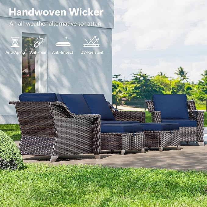 4 Pieces Wicker Patio Furniture, Luxury Outdoor Furniture with 2 Pieces Patio Rattan Chair, 2 Patio Ottoman, Wide Armrest, Thickened Cushions, Ideal for Deck, Porch Use