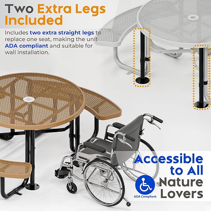 Metal Picnic Tables for Outdoors with Umbrella Hole - Coated Steel Heavy Duty Commercial Grade Furniture Set with Adjustable Seats (Brown, 46 in, Round, Expanded Steel)