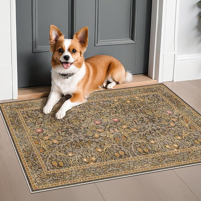 Brown Washable Entry Rug - Front Door Throw Rugs Indoor, Non-Slip Bathroom Small Rugs, Vintage Floral Thin Rug for Kitchen, Boho Earthy Entryway Décor (2x3 Gold Brown)