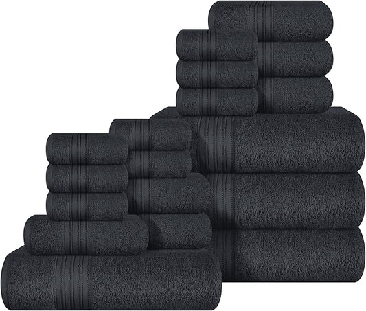 BOUTIQUO 100% Cotton Towel Set, Contains 4 Soft Bath Towel, 6 Hand Towels, 8 Wash Cloths - Compact Absorbent Lightweight & Quickdry Towels for Bathroom - 18 Piece Bathroom Towel Set - Charcoal Grey