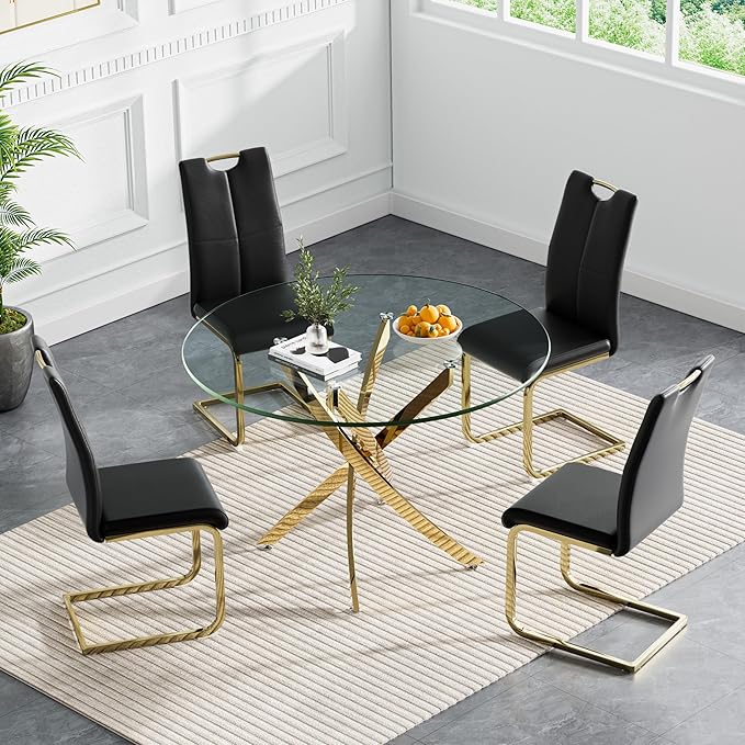 Goujxcy 5 Pieces Round Dining Table Set for 4, Modern Gold Glass Kitchen Table and Chairs for 4 with Upholstered Chairs, Circle Coffee Dining Table Set for Small Space,Apartment,Office
