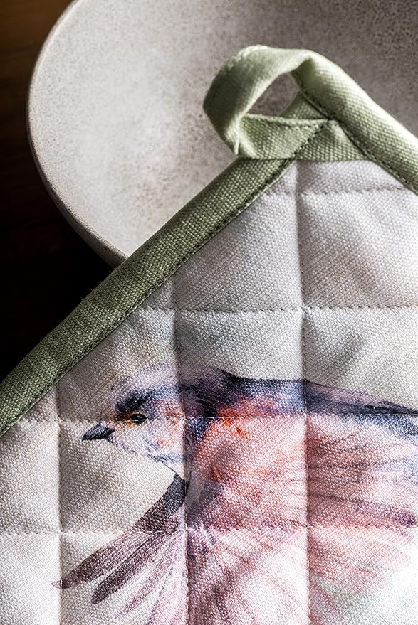 Maison d' Hermine Pot Holders Set 100% Cotton Heat Resistant Potholders 8" x 8" Hot Pads with Loop BBQ, Cooking, Baking, Grilling, Kitchen, Handling Hot Pans Spring/Summer (Pack of 2, Flying Birds)