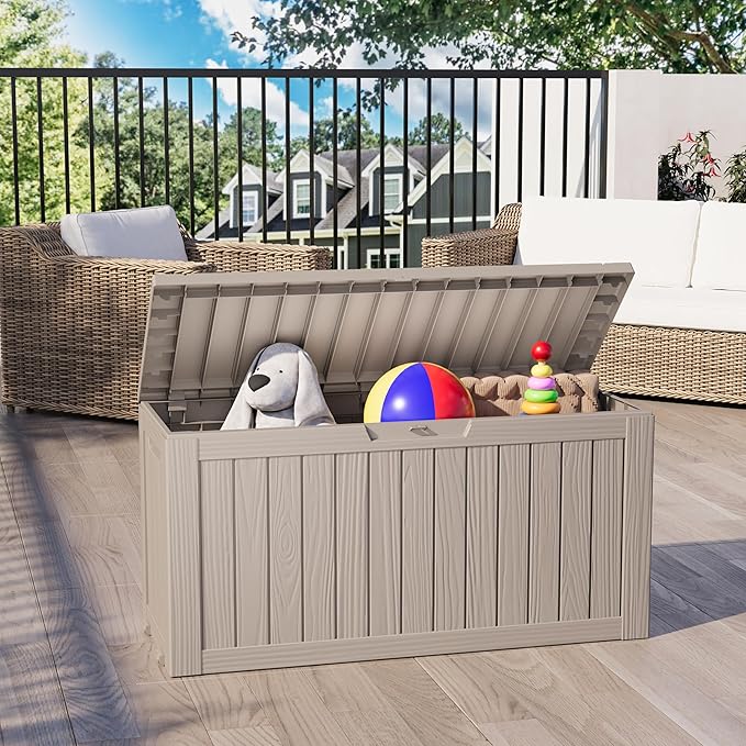 Outdoor Storage Box, Resin Deck Boxes Indoor and outdoor, Waterproof Storage Box Lockable Lid (Grey, 73 Gallon)