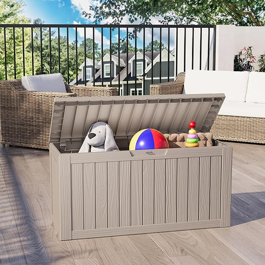 Outdoor Storage Box, Resin Deck Boxes Indoor and outdoor, Waterproof Storage Box Lockable Lid (Grey, 73 Gallon)