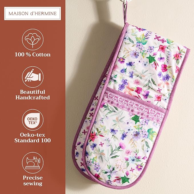 Maison d' Hermine Double Oven Mitts 100% Cotton 7"x35" Double Oven Mitt Heat Resistant BBQ Cooking Gloves with Loop, Baking, Grilling, Home, Kitchen, Handling Hot Pans Spring Summer (Chardon)