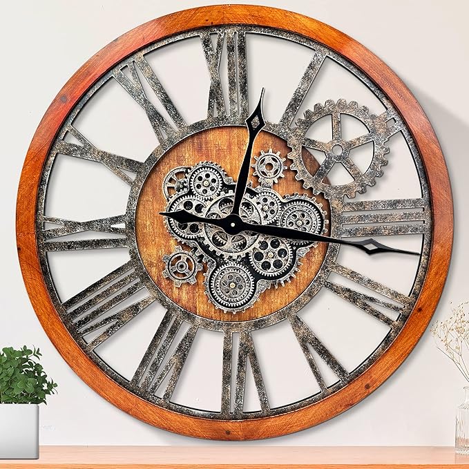 Large Wall Clock, Clocks for Living Room Decor Oversized 30 Inch Wall Decor Farmhouse Vintage Rustic Industrial Roman Big Chic Home Decor Wall Clock for House Bedroom Office, Moving Gears Clock