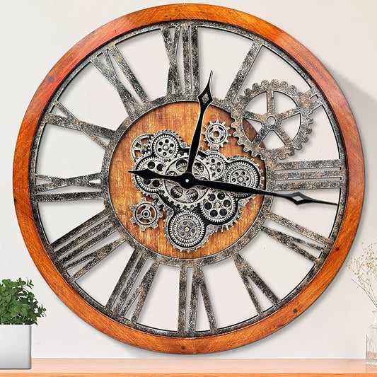 Large Wall Clock, Clocks for Living Room Decor Oversized 30 Inch Wall Decor Farmhouse Vintage Rustic Industrial Roman Big Chic Home Decor Wall Clock for House Bedroom Office, Moving Gears Clock