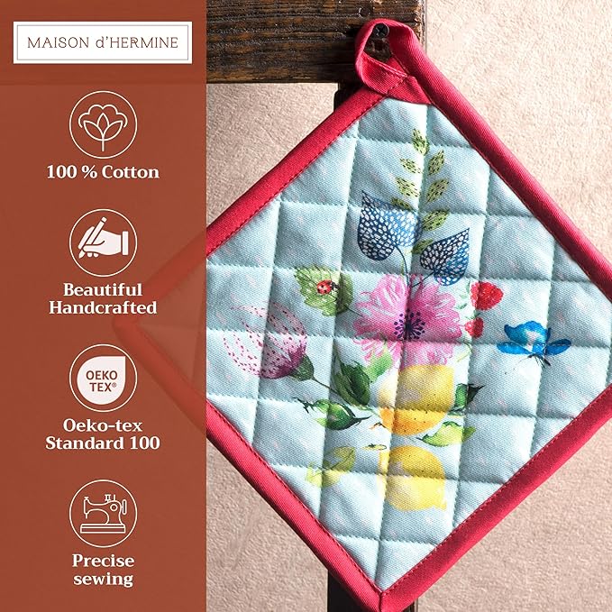 Maison d' Hermine Pot Holders 100% Cotton Heat Resistant Potholders 8" x 8" Hot Pads with Loop BBQ, Cooking, Baking, Grilling, Kitchen, Handling Hot Pans Spring/Summer (Pack of 1, Jardin D'Ete - Mint)