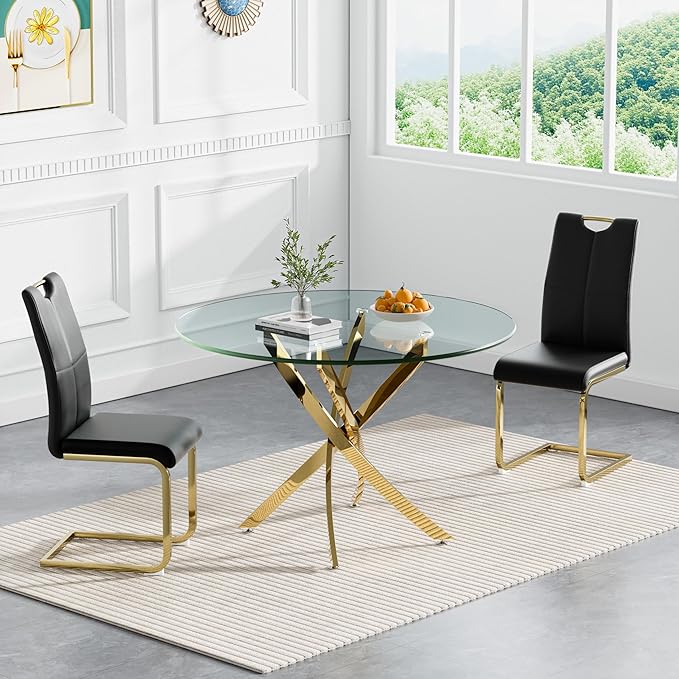 Goujxcy 3 Pieces Round Dining Table Set for 2, Modern Gold Glass Kitchen Table and Chairs for 2 with Upholstered Chairs, Circle Coffee Dining Table Set for Small Space,Apartment,Office