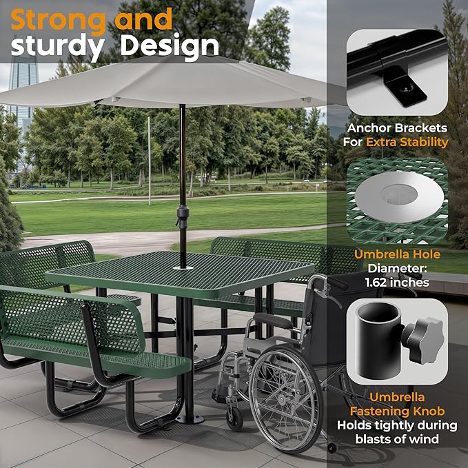 Metal Picnic Tables for Outdoors with Umbrella Hole - Coated Steel Heavy Duty Commercial Grade Furniture with Adjustable Seats (Green, 46 in, Square with Back, Expanded Steel)