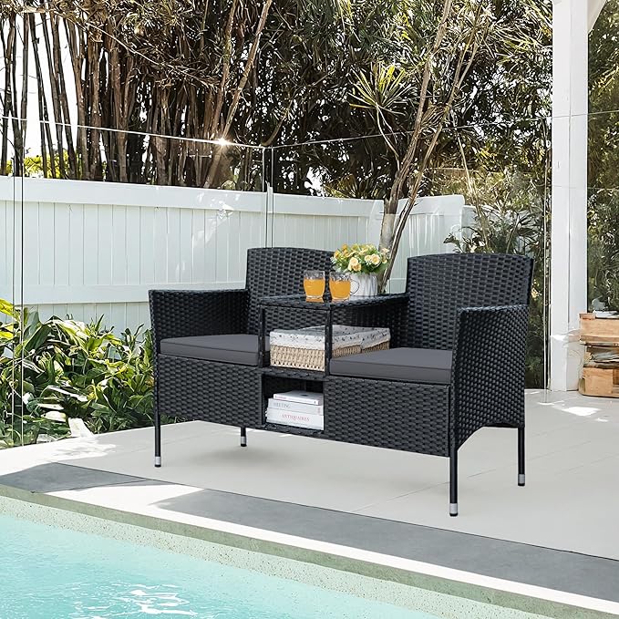 Greesum Patio Loveseat Outdoor Wicker Furniture Conversation Set with Soft Cushions & Built-in Coffee Table for Lawn Garden Backyard, Gray