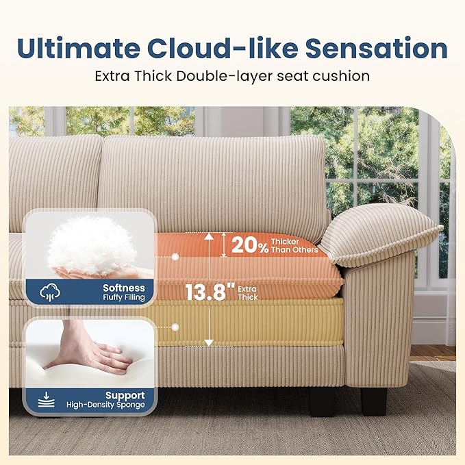 PHI VILLA Cloud Modular Couches Sets, 157.5" Sectional Sofa with Upholstered Deep Seat, 4-Seater Long Couches for Living Room Apartment, Corduroy Fabric, Beige