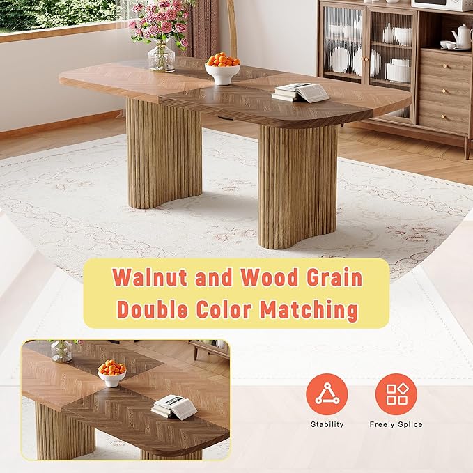 79" Large Wood Dining Table for 6–10, Rectangular Dining Room Table with Sculpted Wave Legs, 1.7" Thick Two-Color Wood-Grain Top, Modern Farmhouse Dining Table for Kitchen, Living Room