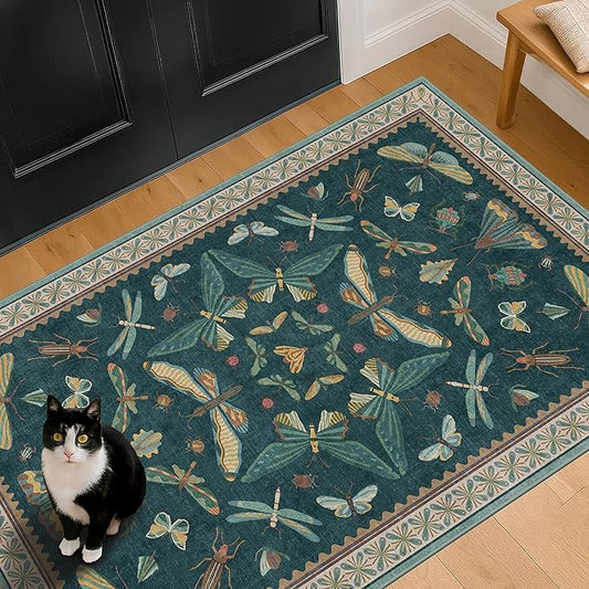 Teal 3x4 Entryway Rug - Washable Door Rug Indoor for Large Kitchen, Living Room, Thin & Foldable Low Pile Insect Décor