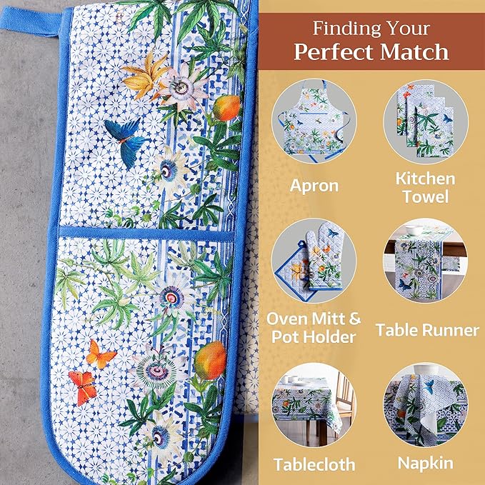 Maison d' Hermine Double Oven Mitts 100% Cotton 7"x35" Double Oven Mitt Heat Resistant BBQ Cooking Gloves with Loop, Baking, Grilling, Home, Kitchen, Handling Hot Pans Spring Summer (Passiflora)