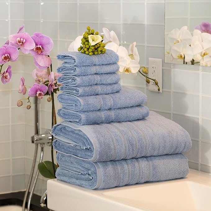 Mosobam Luxury Turkish 8pc XL Towel Set 35X70 16X30 13X13 Allure Blue 700 GSM Bamboo Viscose & Aegean Turkish Combed Cotton