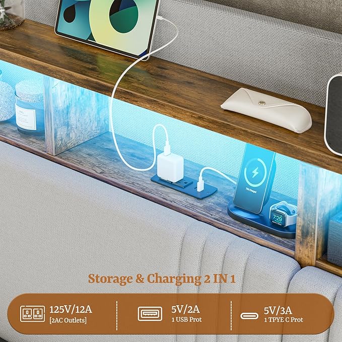 IKIFLY Twin XL Bed Frames with Hidden Storage Headboard & 4 Drawers, 49.2” Tall Upholstered Wingback Headboard with LED Lights and Charging Station, No Box Spring Needed, Solid Wood Slats, Light Grey