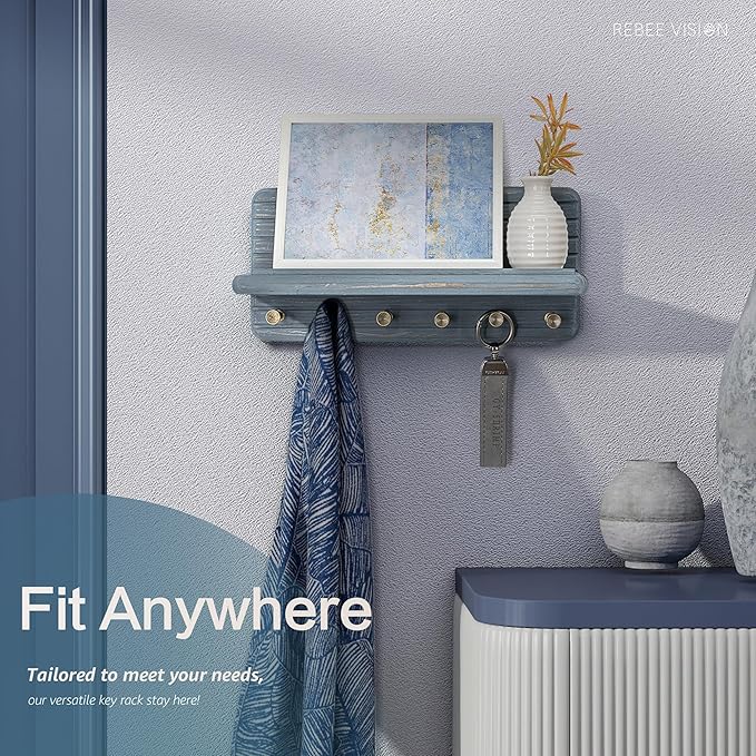 Rebee Vision Pine Wood Key Holder Wall Mount for Home Organization Accent – Wooden Key Holder for Wall with 6 Hooks & Floating Shelf - Elegant Room Decor Aesthetic (Royal Blue)