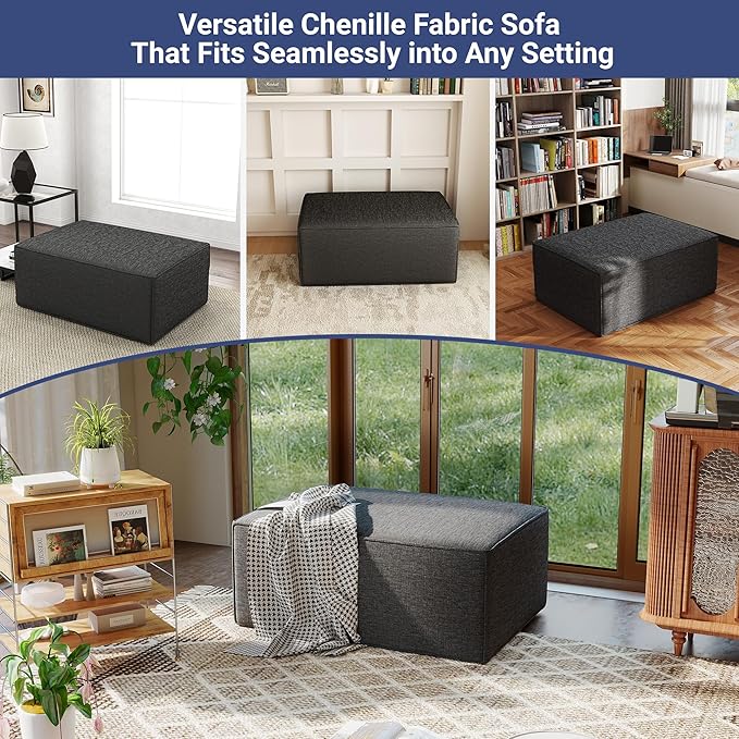 38“ Modular Sectional Sofa Convertible Cube Compressed Couch Seat Set, Combine L-Shaped U-Shaped, Free Assembly, Space-Saving for Living Room, Thick Foam Fabric Chenille Grey (Only Ottoman)