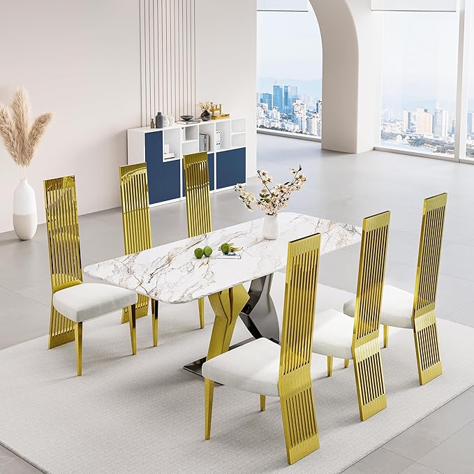 Modern Glod Dining Chairs Set of 2, Upholstered High Back Dining Chairs with Polished Stainless Steel Backrest and Legs, Luxury Dining Room Chairs for Kitchen Living Room Restaurant