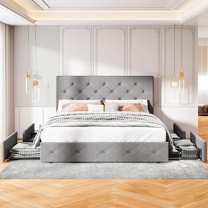 MUTICOR Full Size Bed Frame with 4 Storage Drawers, Upholstered Platform Bed with Button Tufted Adjustable Headboard, No Box Spring Needed, Easy Assembly, Diamond Tufted, Light Grey Fabric