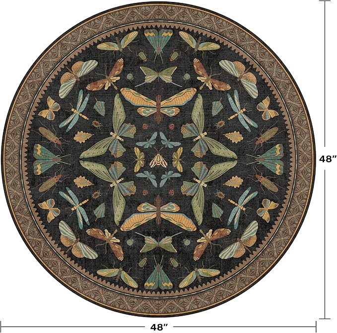 Black Boho 4ft Round Small Rugs for Entryway Non Slip - Washable Insect & Floral Rug for Living Room, Kitchen, Low Pile Soft Stain Resistant Carpet, Vintage Indoor Décor
