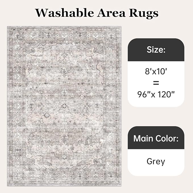8x10 Area Rugs for Living Room Washable Non Slip Modern Large Rug Soft Faux Fur Low Pile Stain Resistant Vintage Euro Floral Boho Design Big Carpet Rug for Bedroom Dining Room Family Room,Neutral Grey